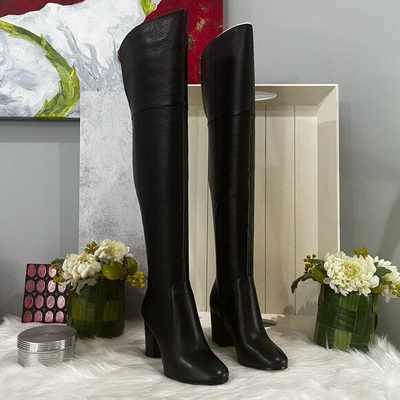 NEW Via Spiga Pebbled Leather Over The Knee OTK Chunky Heel Almond Boots 5.5 NIB - Picture 14 of 16